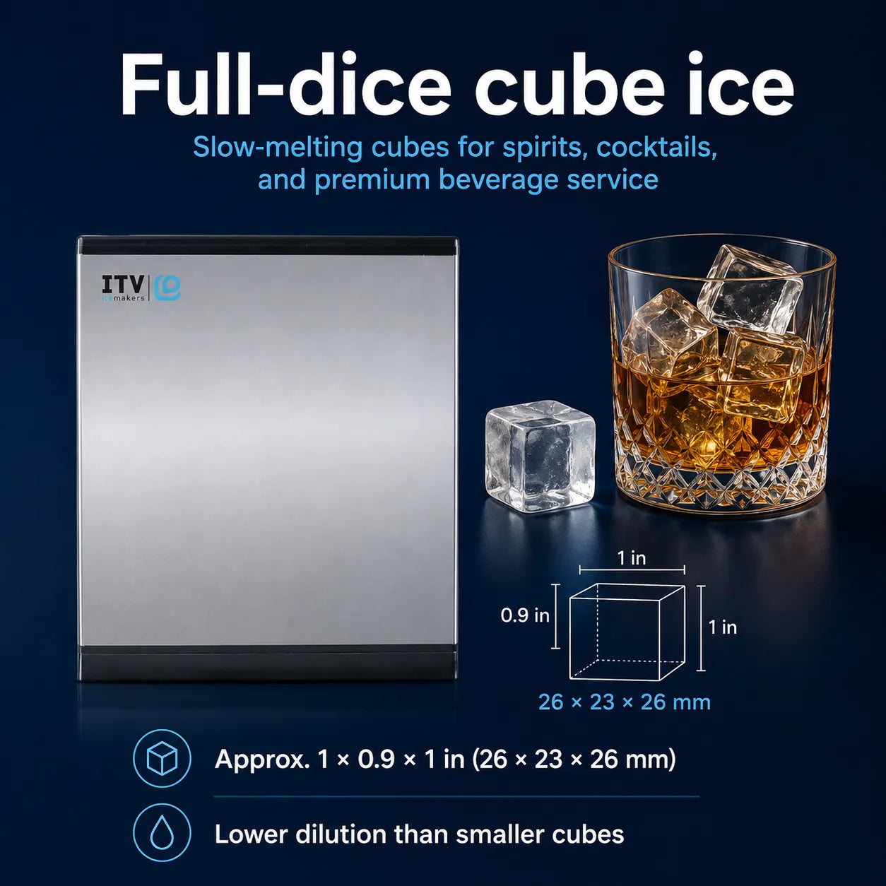 A compact stainless steel ice maker shown on a dark blue background with marketing text, a glass of amber drink with ice cubes, and a dimension diagram for a full-dice cube.