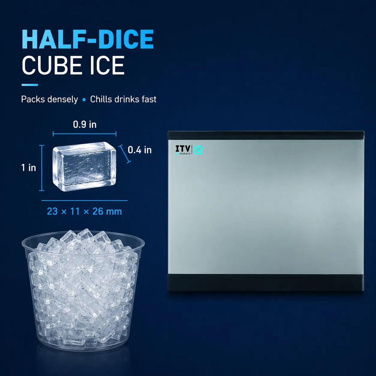 A promotional graphic for ITV Ice half-dice cube ice, showing a clear plastic cup filled with ice cubes, a single dimension diagram of one ice cube, and a silver rectangular ice pack on a dark blue background with text reading 'HALF-DICE CUBE ICE'.