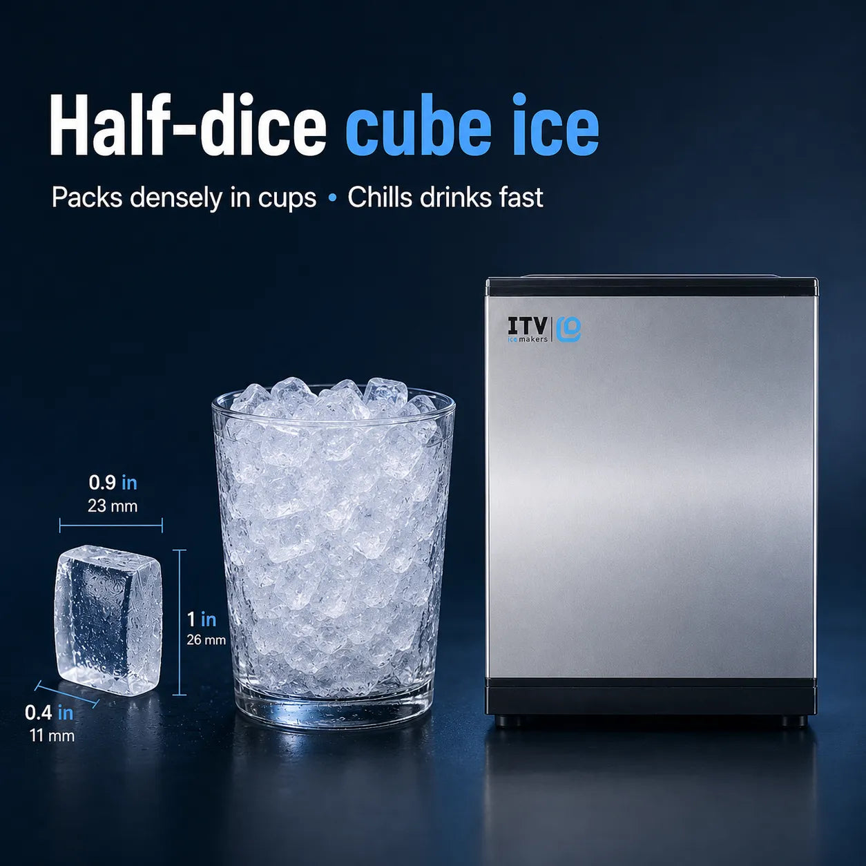 A stainless steel half-dice cube ice machine shown next to a glass of ice cubes on a dark blue background, with text reading 'Half-dice cube ice' and dimensions for a single ice cube.