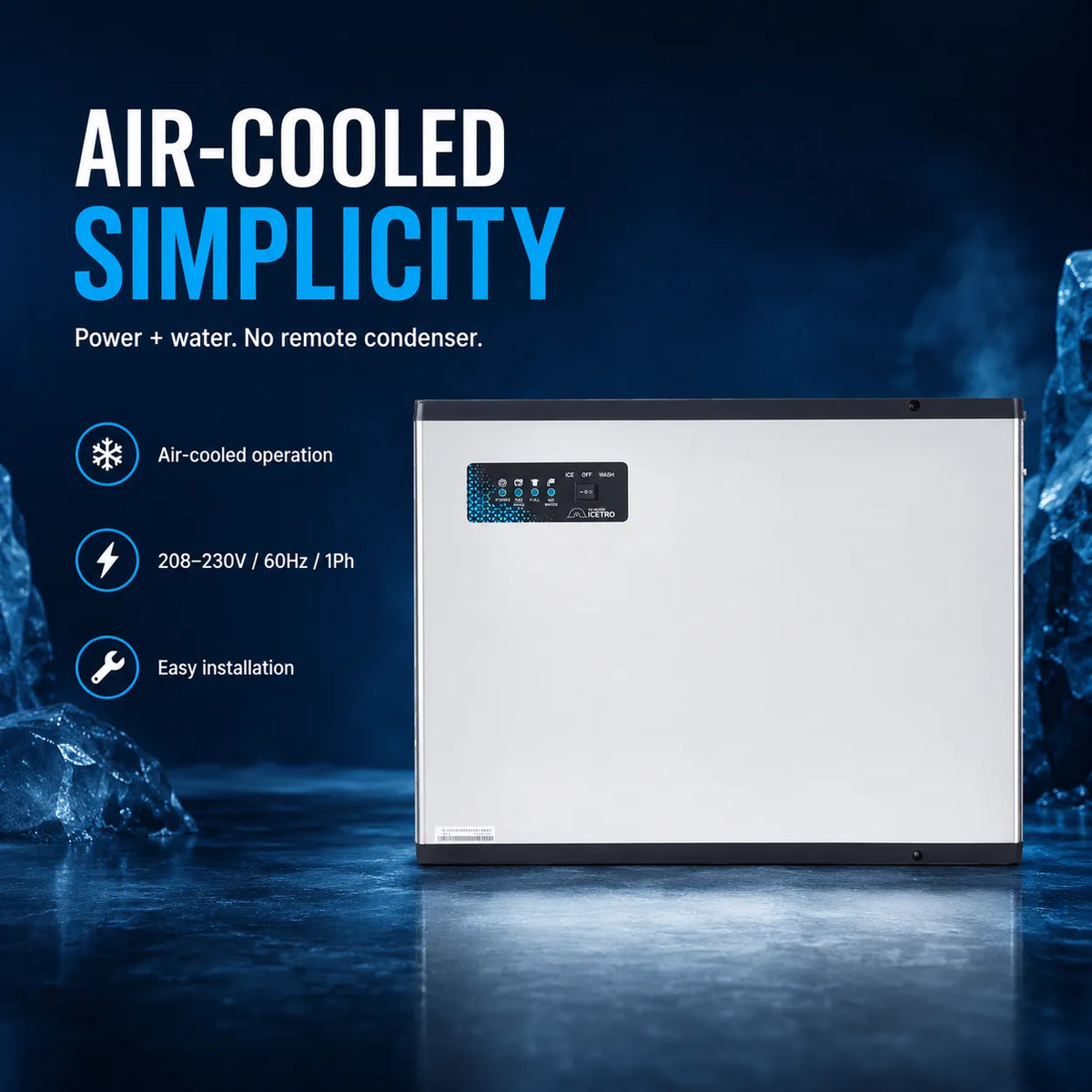 A compact white and black air-cooled water heater or thermal storage unit shown on a dark blue promotional background with text reading 'AIR-COOLED SIMPLICITY' and feature callouts.