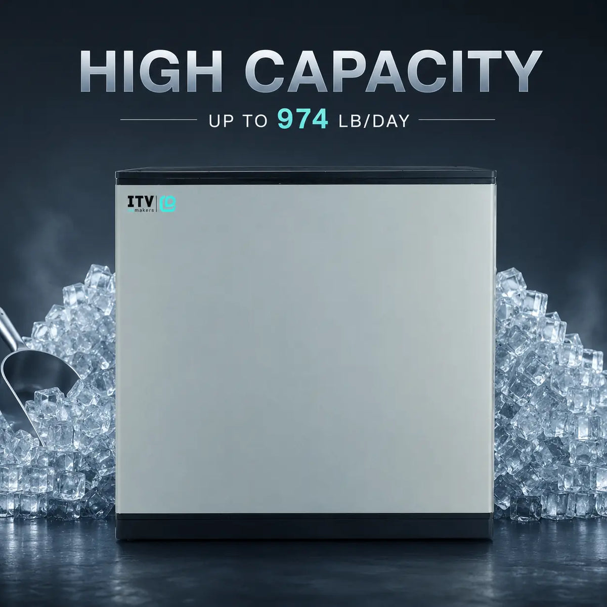 A tall, slim silver and black countertop refrigerator shown with large promotional text reading 'HIGH CAPACITY UP TO 974 LB/DAY' above it, and piles of ice on both sides.