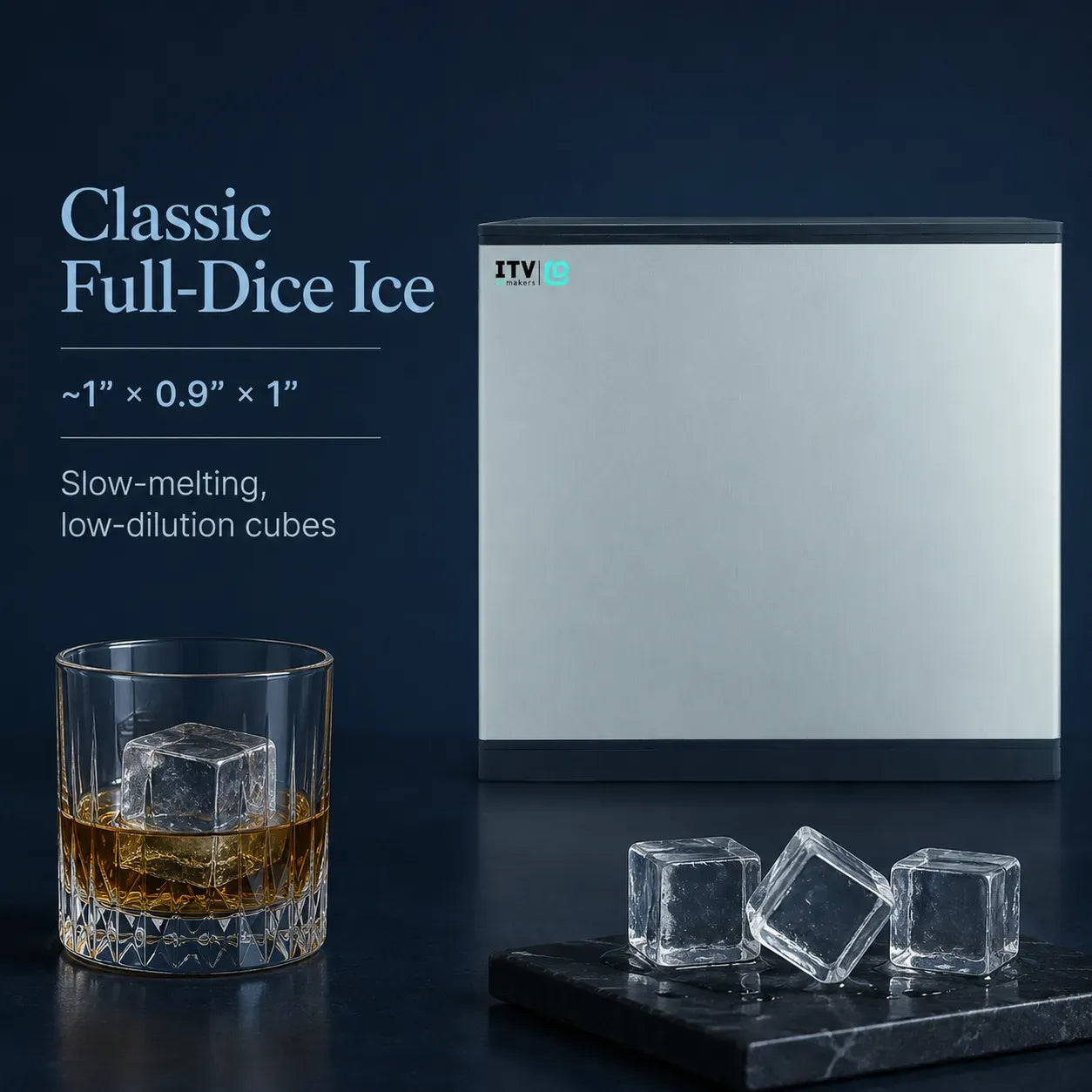 A silver rectangular ice cube maker box shown next to a glass of amber liquor with a clear full-dice ice cube, plus three clear ice cubes on a dark marble slab. Text on the left reads 'Classic Full-Dice Ice' with dimensions and 'Slow-melting, low-dilution cubes.