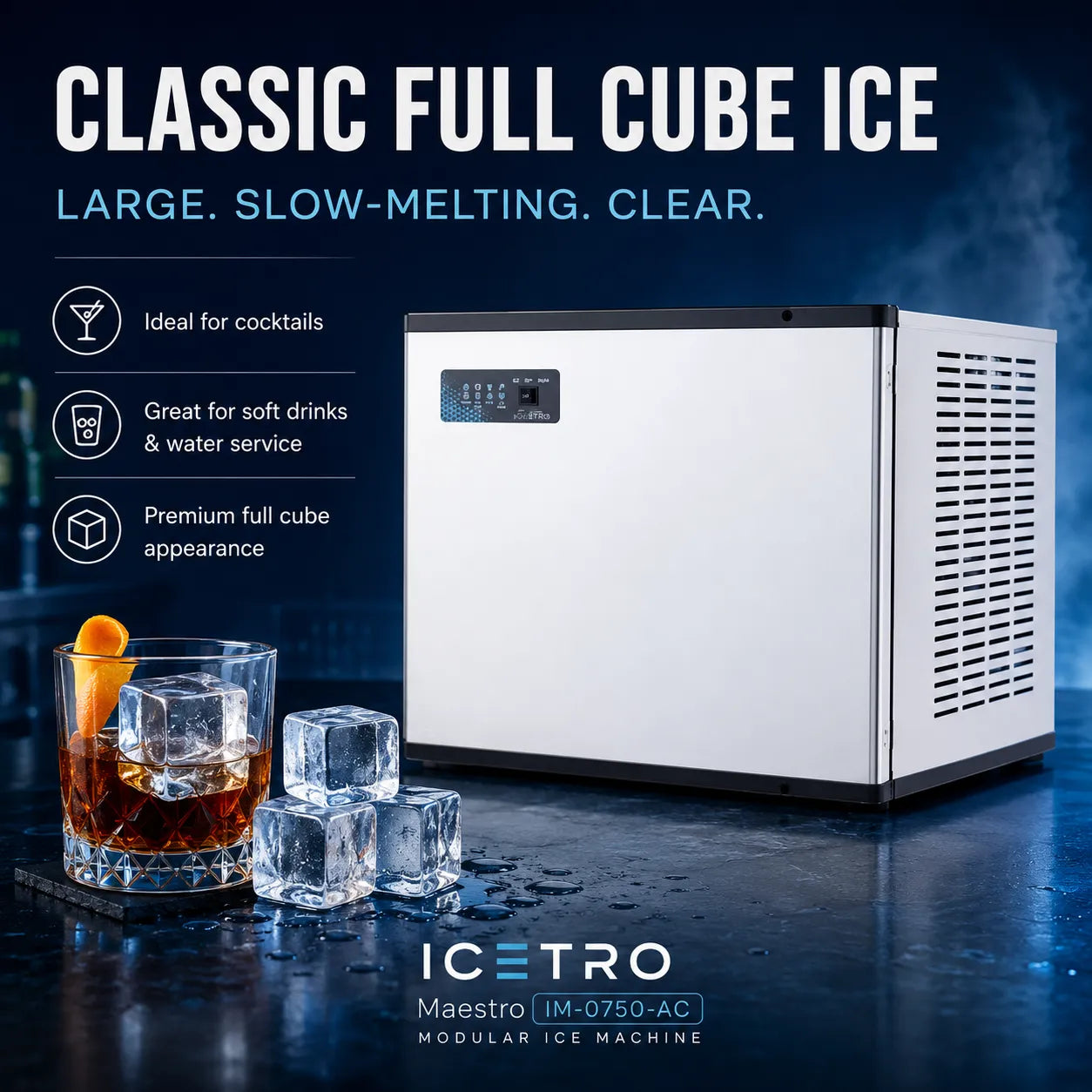 A large white and black ICETRO ice machine shown on a dark blue bar-style background with text reading 'CLASSIC FULL CUBE ICE' and icons describing it as large, slow-melting, and clear. A glass of amber drink with ice cubes and an orange peel sits in the foreground.