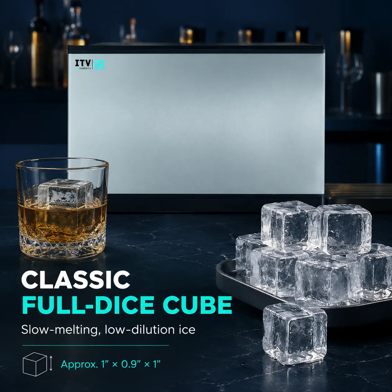 A set of clear full-dice ice cubes shown on a dark bar counter, with a glass of amber liquor and a tray of ice cubes. A large white box is in the background, and text reads 'CLASSIC FULL-DICE CUBE' with 'Approx.