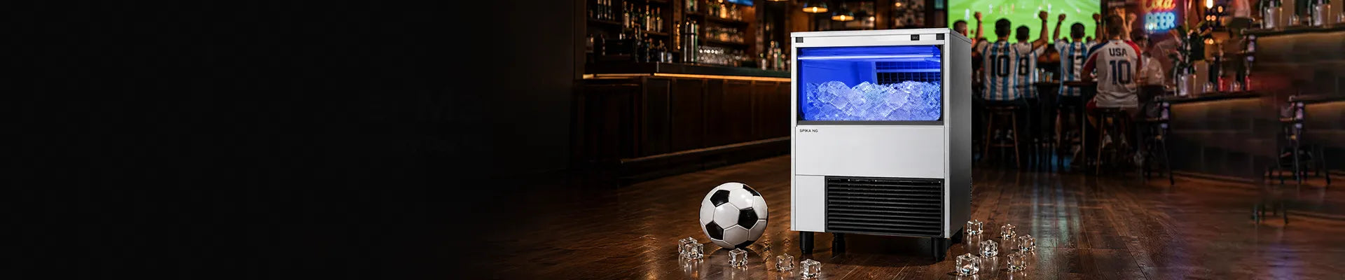 Commercial ice maker for restaurants and bars shown in a football match night setting with ice cubes, highlighting business beverage service needs.slider_item_LnkVNd