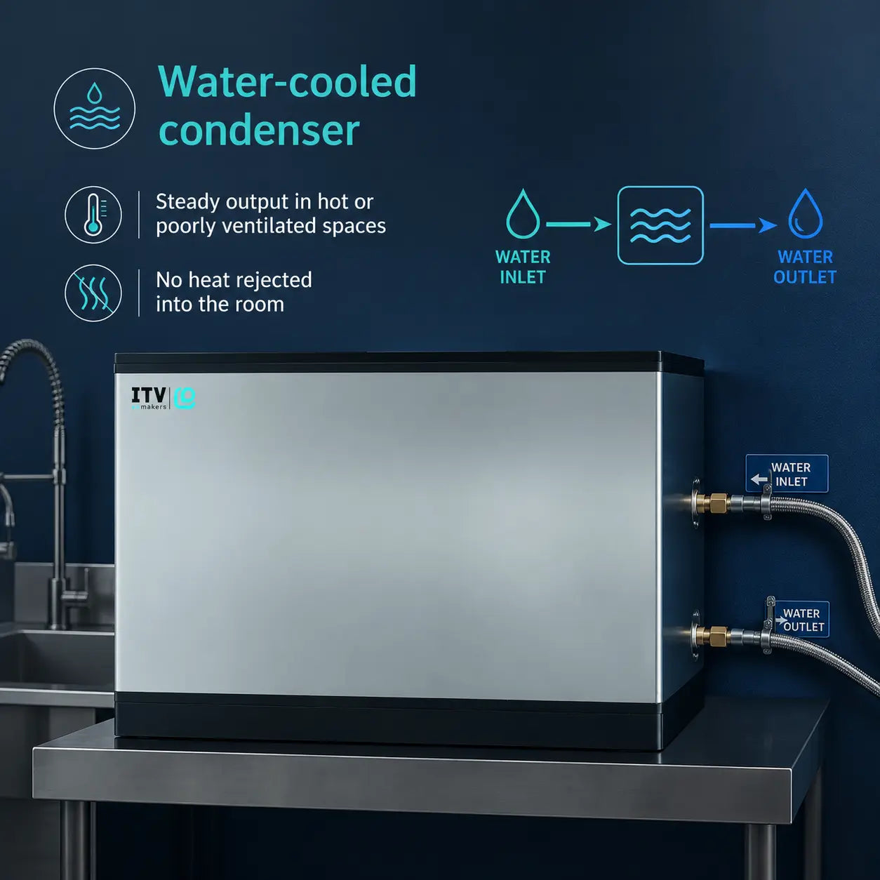 A water-cooled condenser unit by ITV on a stainless steel table against a dark blue background, with informational text and diagrams explaining water inlet/outlet flow and benefits.