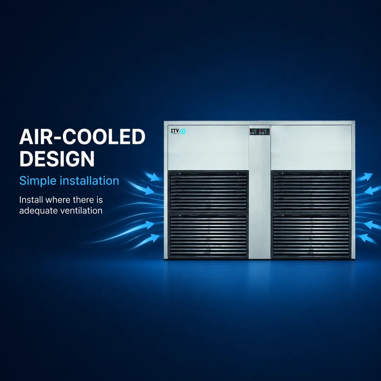 An air-cooled commercial refrigerator or ice machine shown on a dark blue promotional background with text reading 'AIR-COOLED DESIGN' and 'Simple installation.' The machine has a silver front with black vented panels and small blue airflow graphics around it.