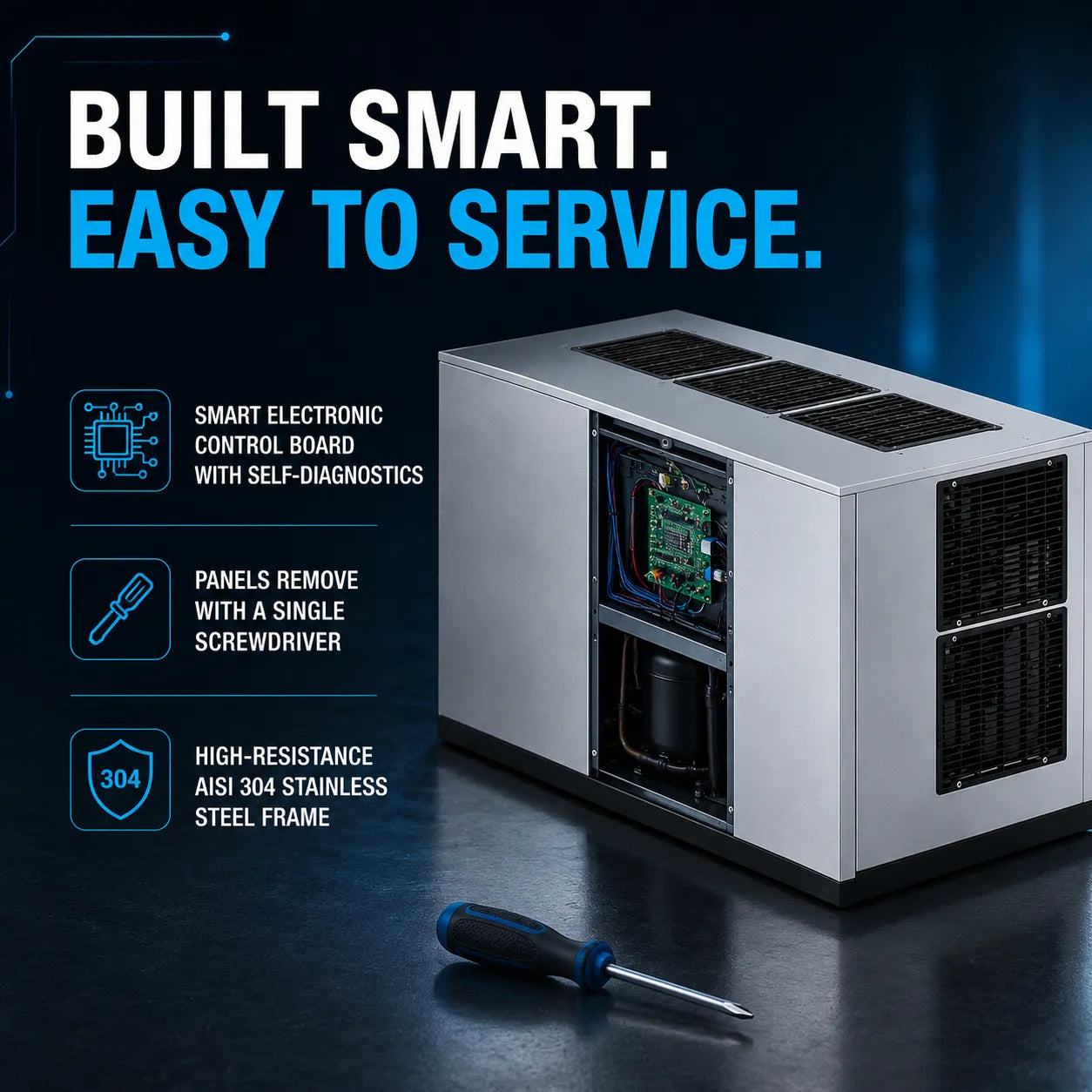 A smart electronic cooling or HVAC unit with an open side panel showing internal components, placed on a dark studio surface with a screwdriver in front. Large text reads 'BUILT SMART.