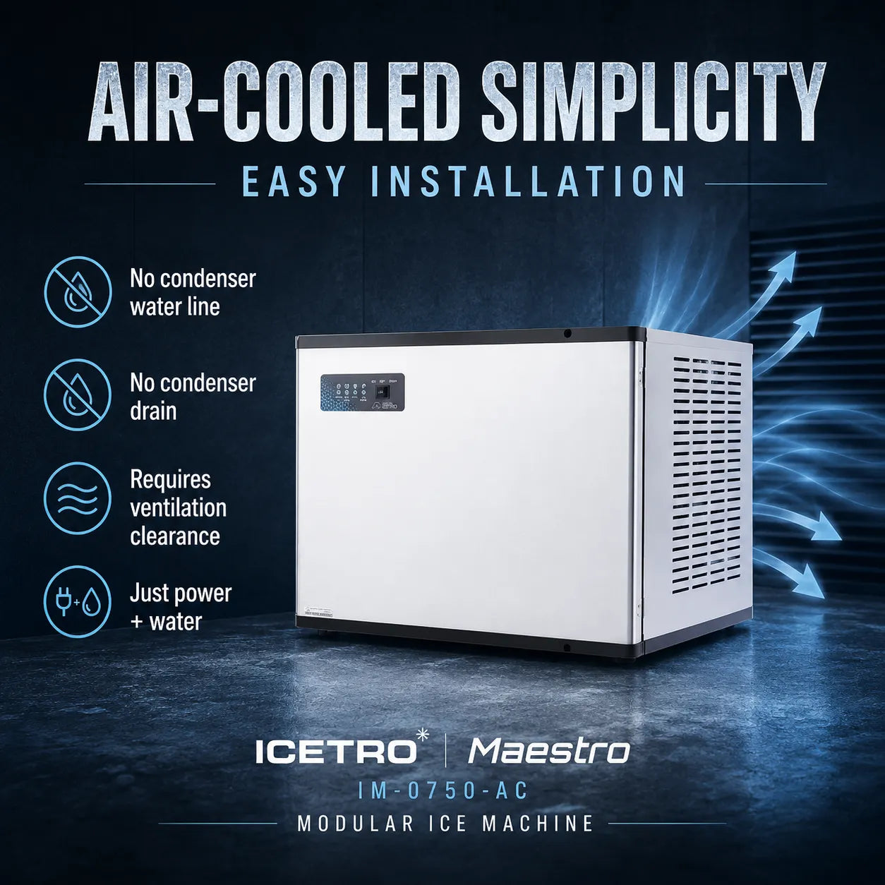 An air-cooled modular ice machine by ICETRO Maestro, shown in a promotional graphic with text highlighting easy installation and key features like no condenser water line and no condenser drain.