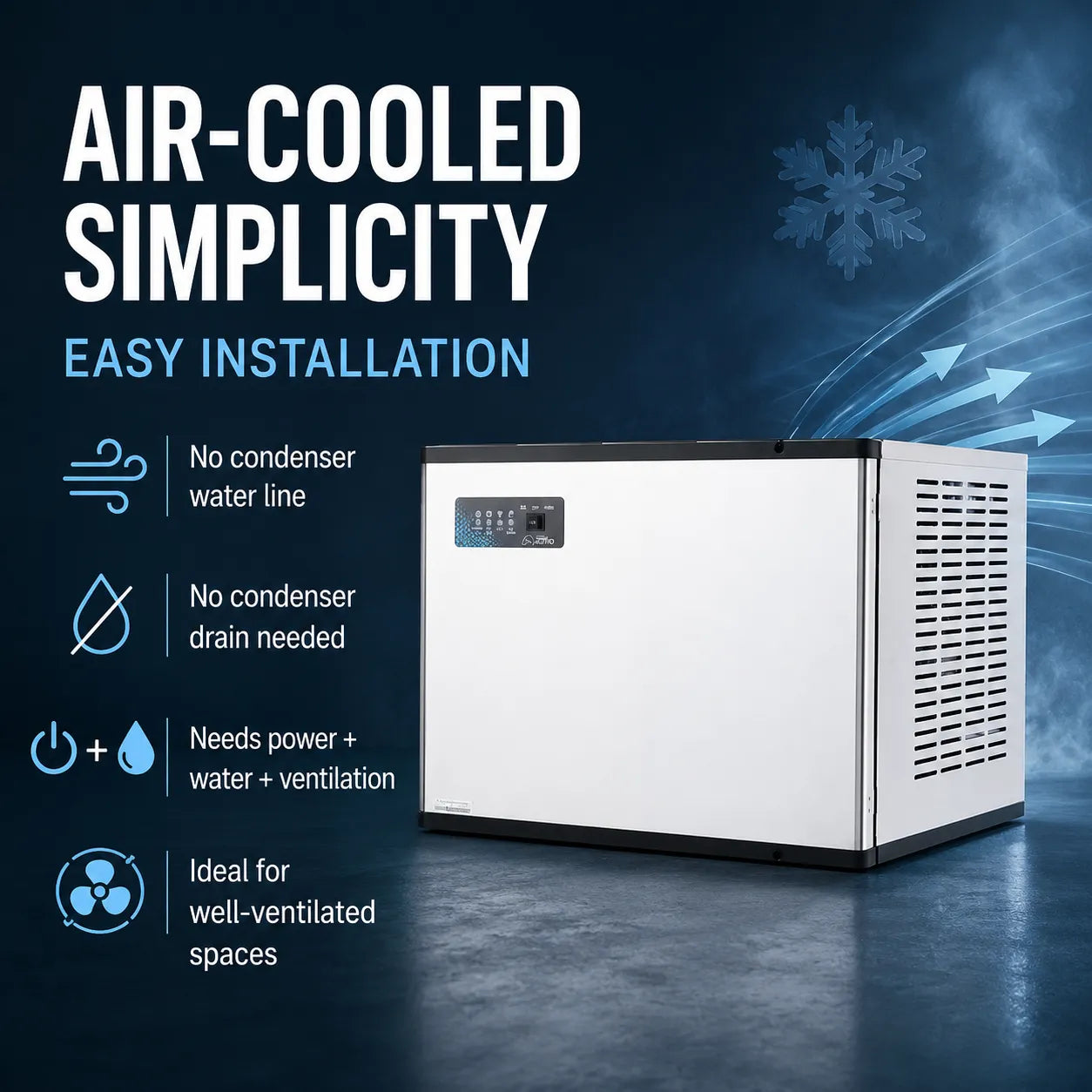 An air-cooled white and black countertop water chiller with a digital control panel, shown on a dark blue promotional background with text highlighting easy installation and features.