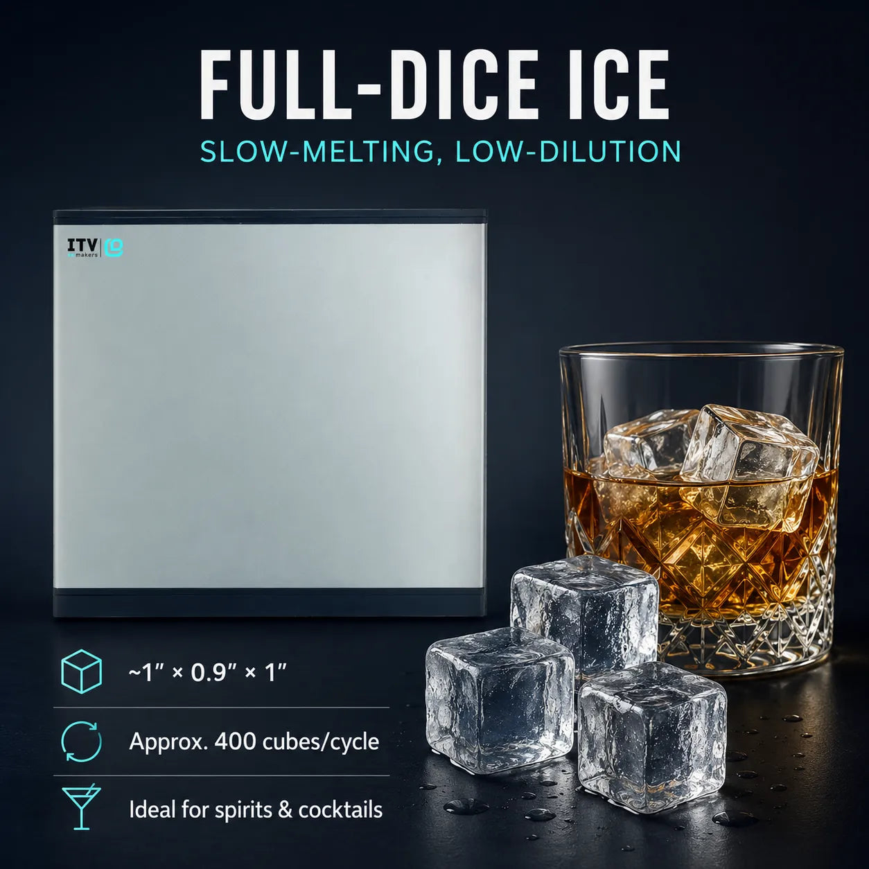 A square full-dice ice maker tray shown on a dark background, with a glass of amber liquor and several clear ice cubes beside it. Text reads 'FULL-DICE ICE' and 'SLOW-MELTING, LOW-DILUTION,' with size and usage claims below.