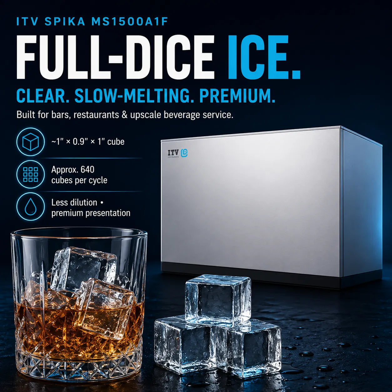 ITV full-dice ice machine shown in a dark studio setting with a glass of amber drink and clear ice cubes in the foreground. Text on the left reads 'FULL-DICE ICE.