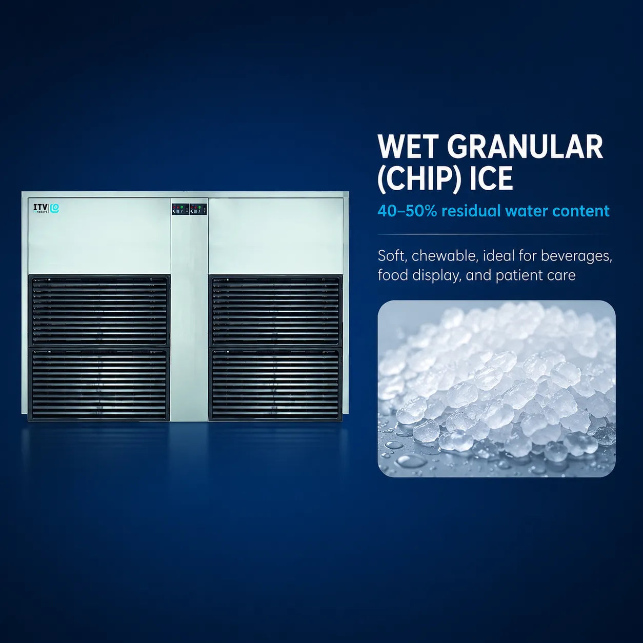 HTV wet granular chip ice machine shown on a dark blue background with product text and a close-up inset of clear wet ice cubes.
