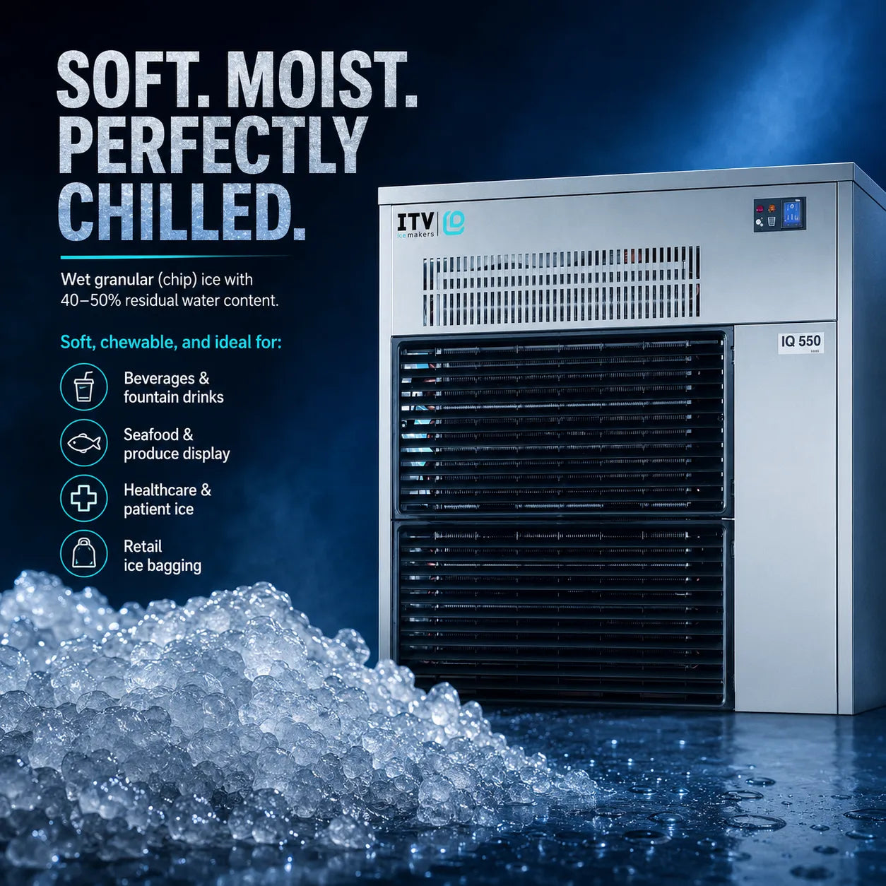 An ITV iQ I2 650 wet granular ice machine shown on a dark blue studio background with a pile of crushed ice in the foreground and marketing text on the left.