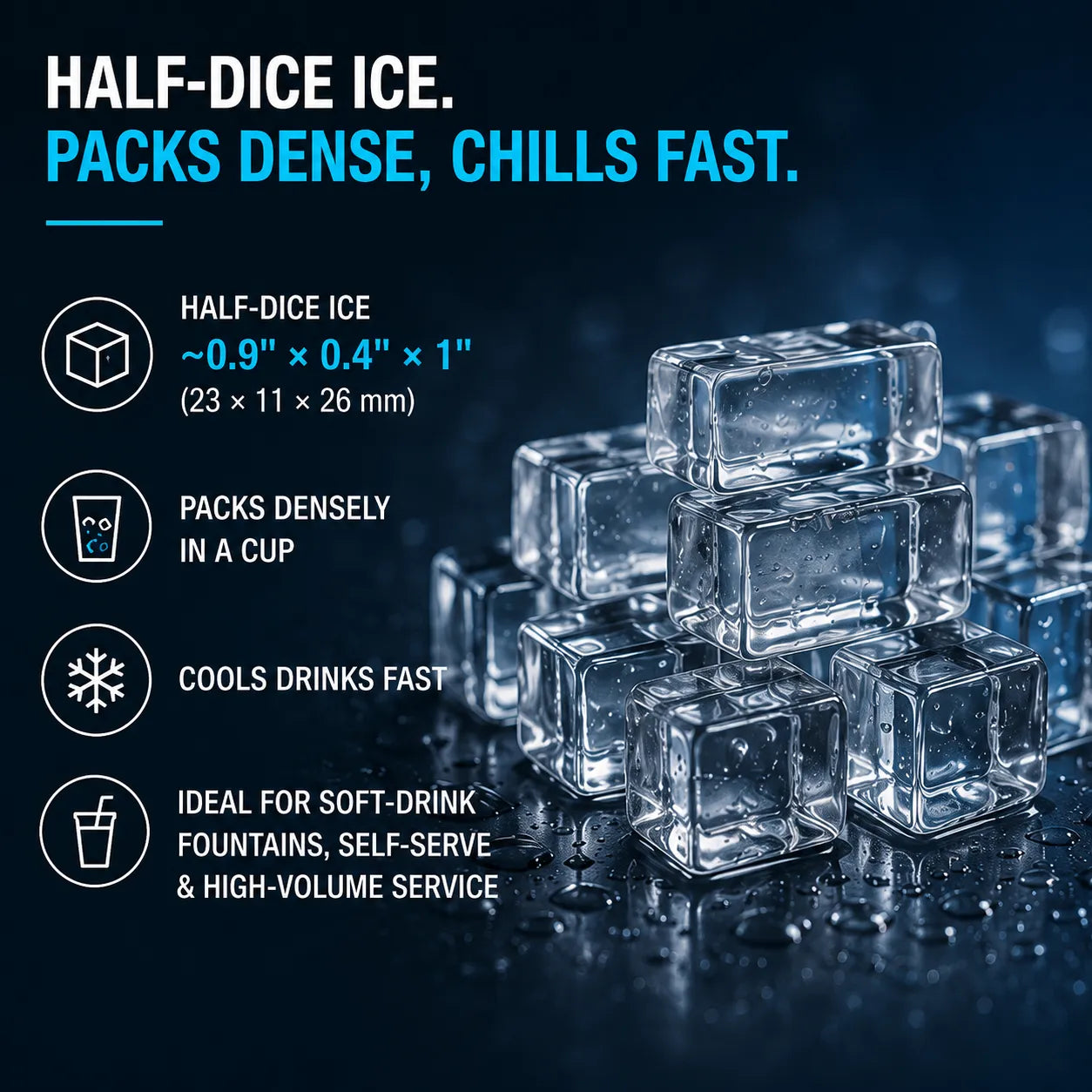 Promotional graphic for half-dice ice cubes, showing a stack of clear translucent ice blocks on a dark blue reflective surface with marketing text about size, density, cooling speed, and use for soft drinks.
