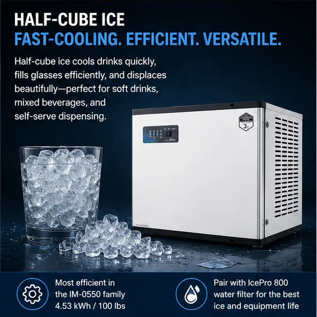 A white half-cube ice maker machine with a digital control panel, shown next to a glass of clear ice cubes on a dark reflective surface. The image includes promotional text and feature icons at the top and bottom.