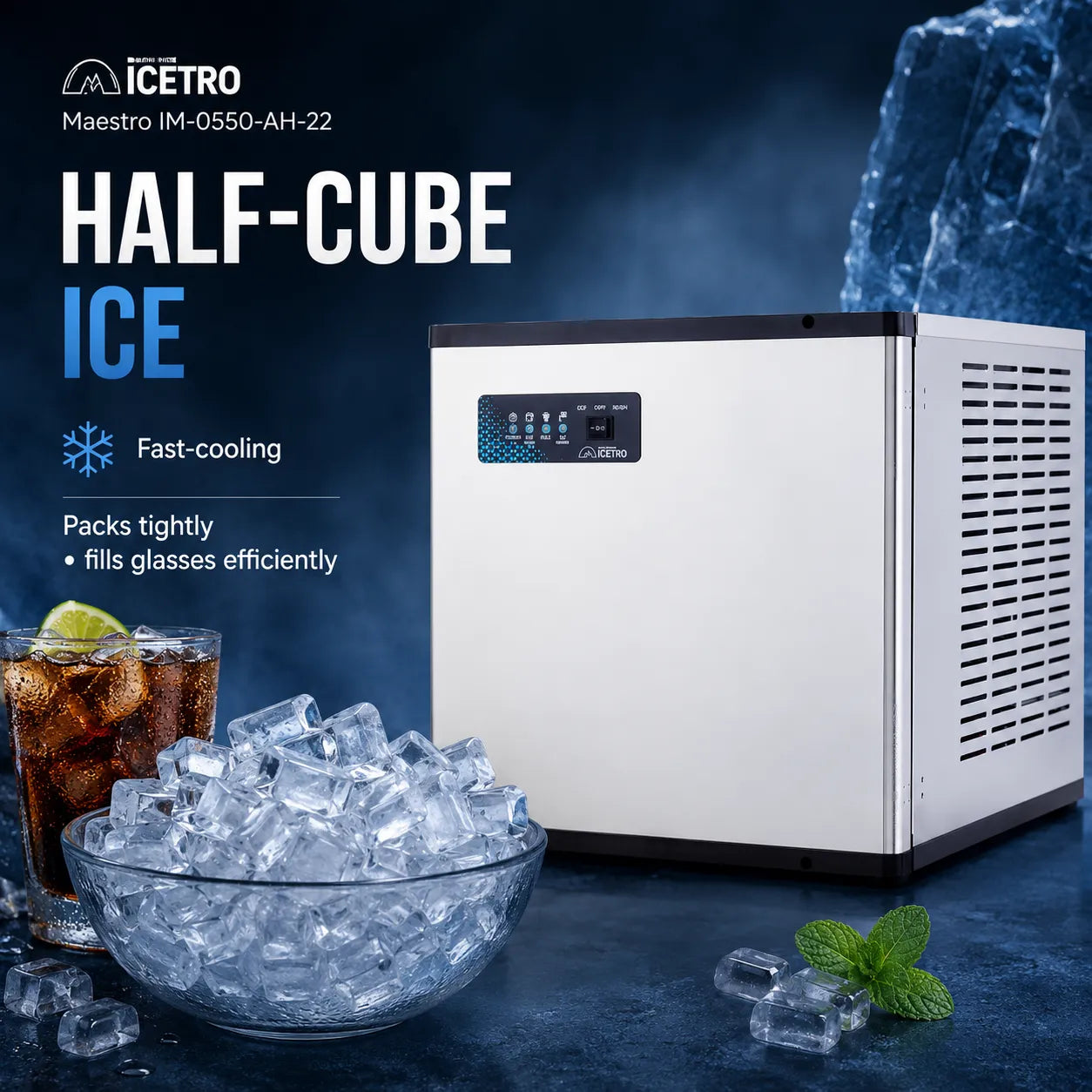 An Iceçro half-cube ice machine in white and black, shown next to a glass bowl of ice cubes, a glass of iced cola with a lime, and mint leaves on a dark blue background with promotional text.