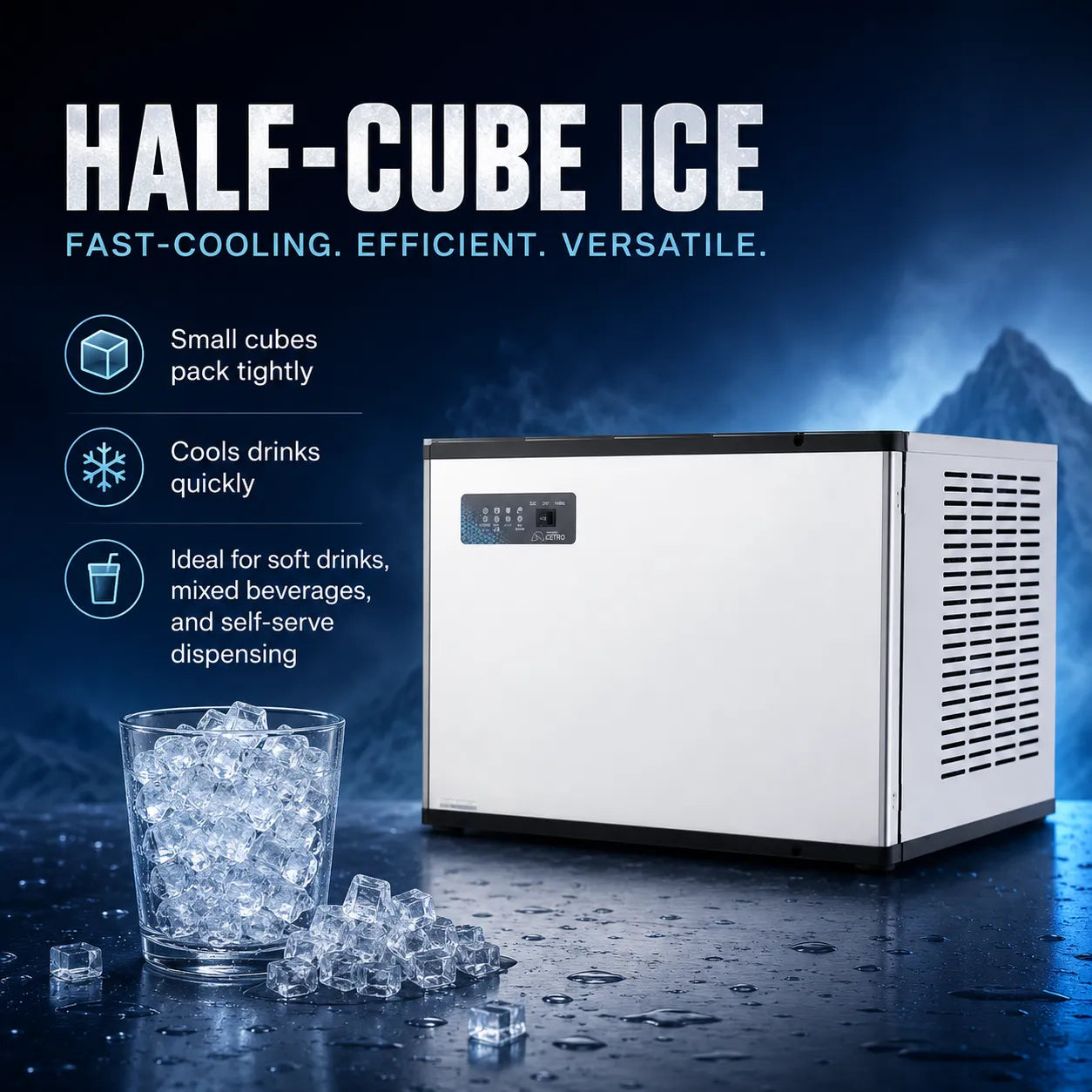 A compact half-cube ice maker machine shown on a dark blue promotional background with text callouts and a glass of ice cubes in the foreground.