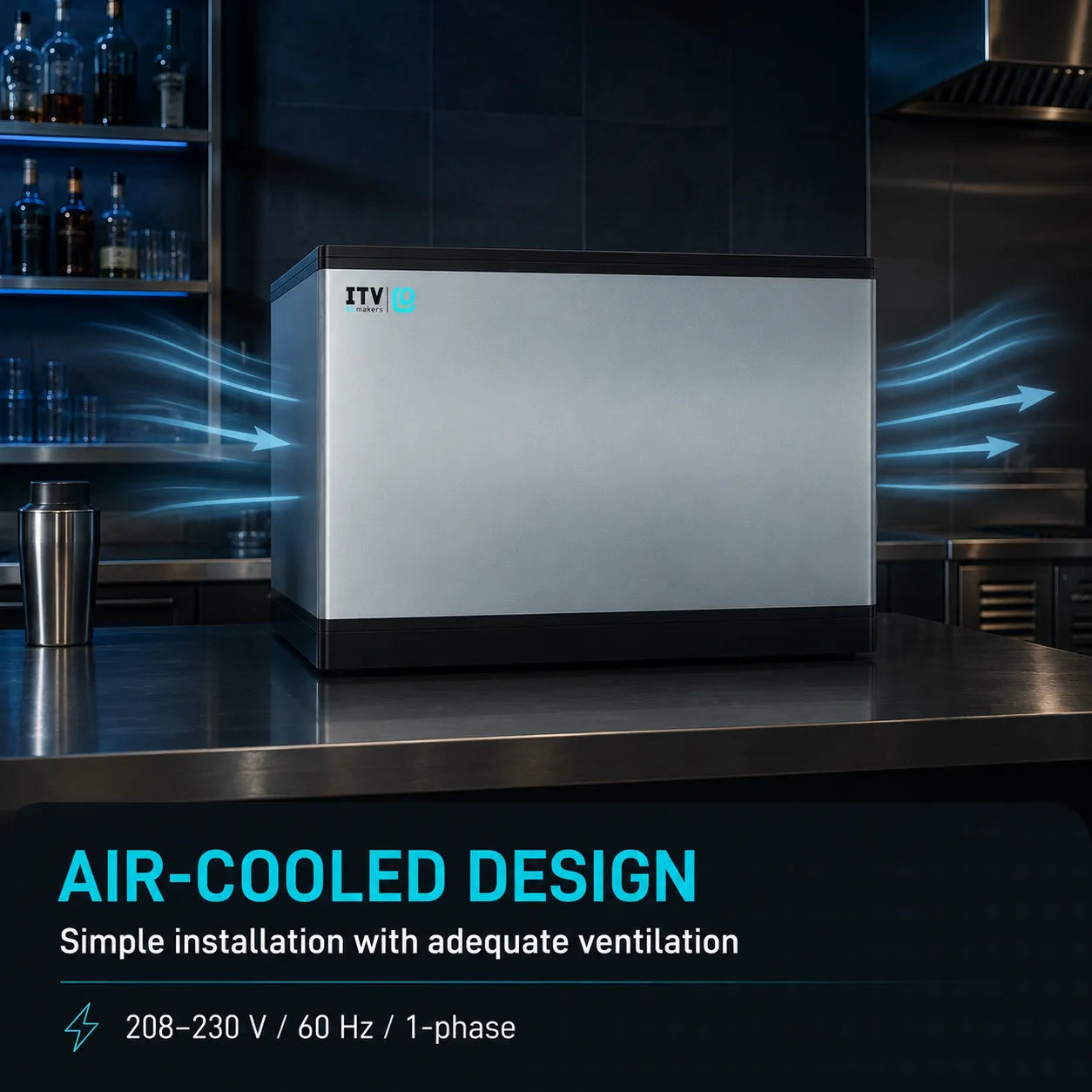 An air-cooled commercial refrigerator or chiller with a brushed silver front panel and black top and bottom trim, shown on a stainless steel counter in a kitchen setting. Blue airflow graphics illustrate cooling, and text at the bottom reads 'AIR-COOLED DESIGN' and 'Simple installation with adequate ventilation' with voltage specs.
