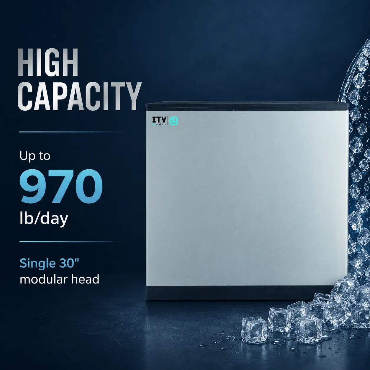 A single-door modular ice maker unit with a brushed silver front and black trim, shown on a dark blue background with ice cubes and promotional text reading 'HIGH CAPACITY' and 'Up to 970 lb/day'.