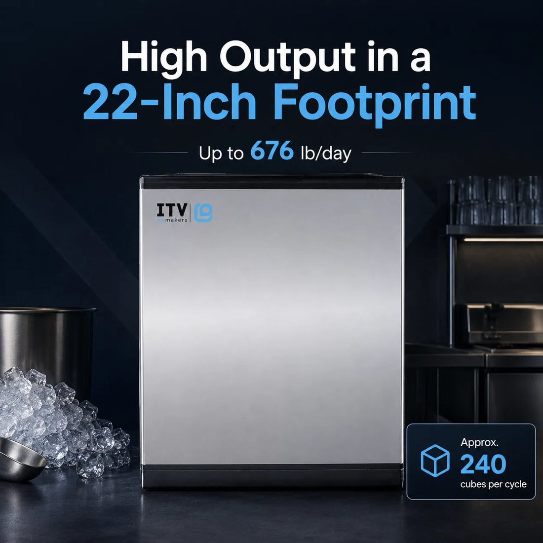 A 22-inch footprint ice machine with a brushed stainless steel front and black top/base, shown in a dark bar-style setting with ice buckets and text overlays highlighting high output and capacity.