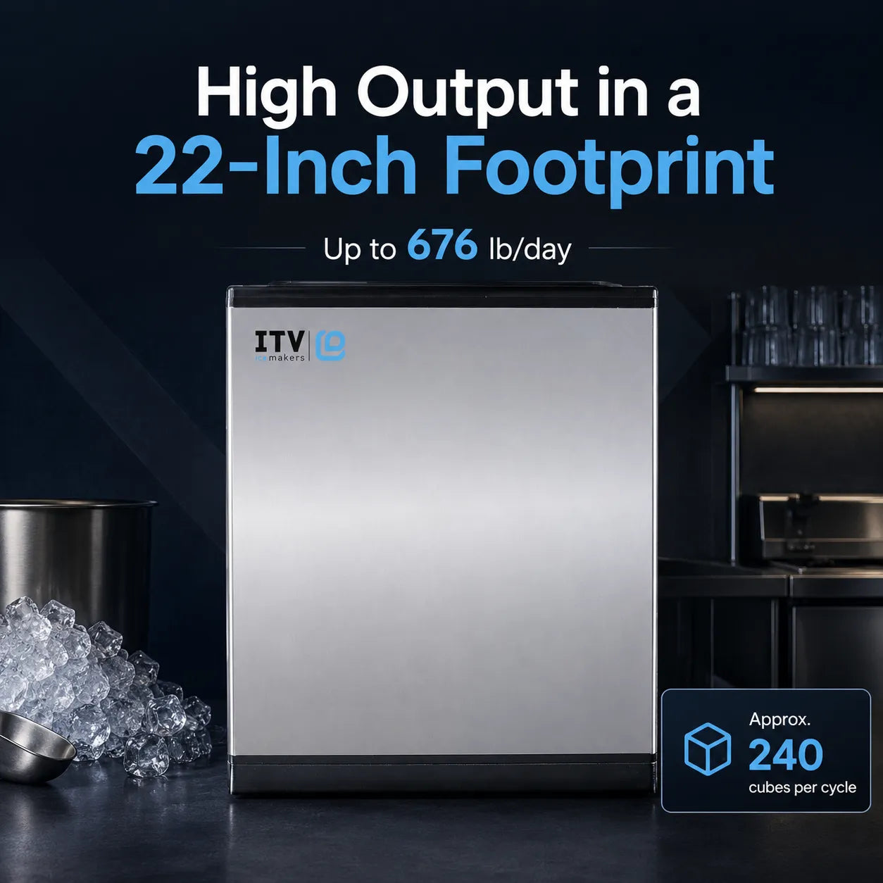 A 22-inch footprint ice machine with a brushed stainless steel front and black top/base, shown in a dark bar-style setting with ice buckets and text overlays highlighting high output and capacity.