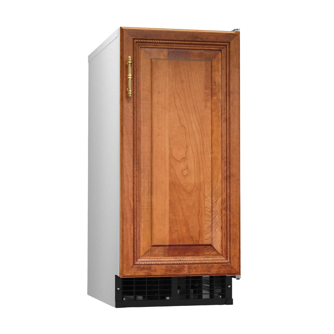 A single-door undercounter refrigerator with a warm brown wood grain cabinet door, a silver side panel, and a black vented base, shown on a plain white background.