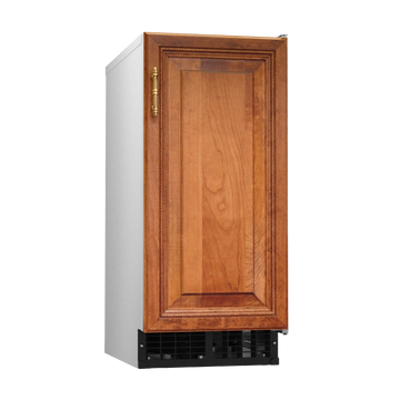 A single-door undercounter refrigerator with a warm brown wood grain cabinet door, a silver side panel, and a black vented base, shown on a plain white background.