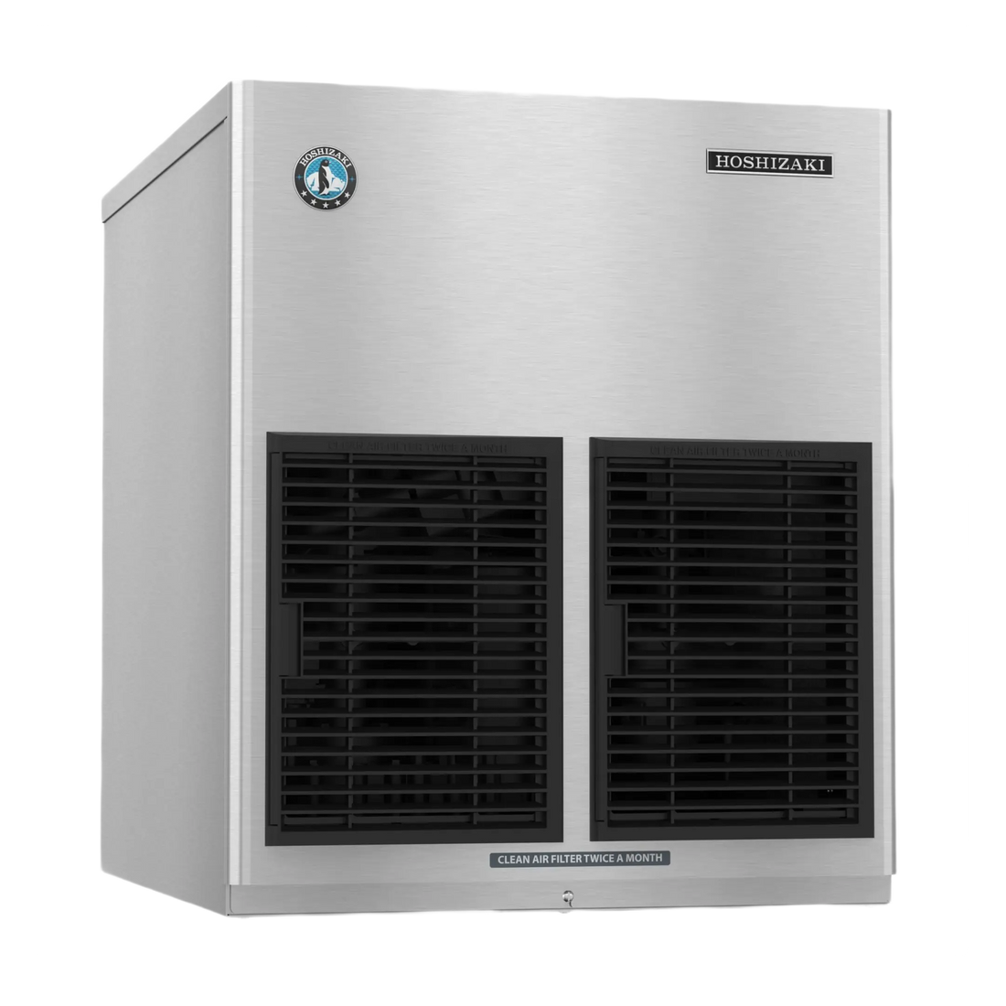 A Hoshizart commercial ice machine with a brushed stainless steel exterior, two large black front air grilles, and a small circular logo badge on the upper left side.