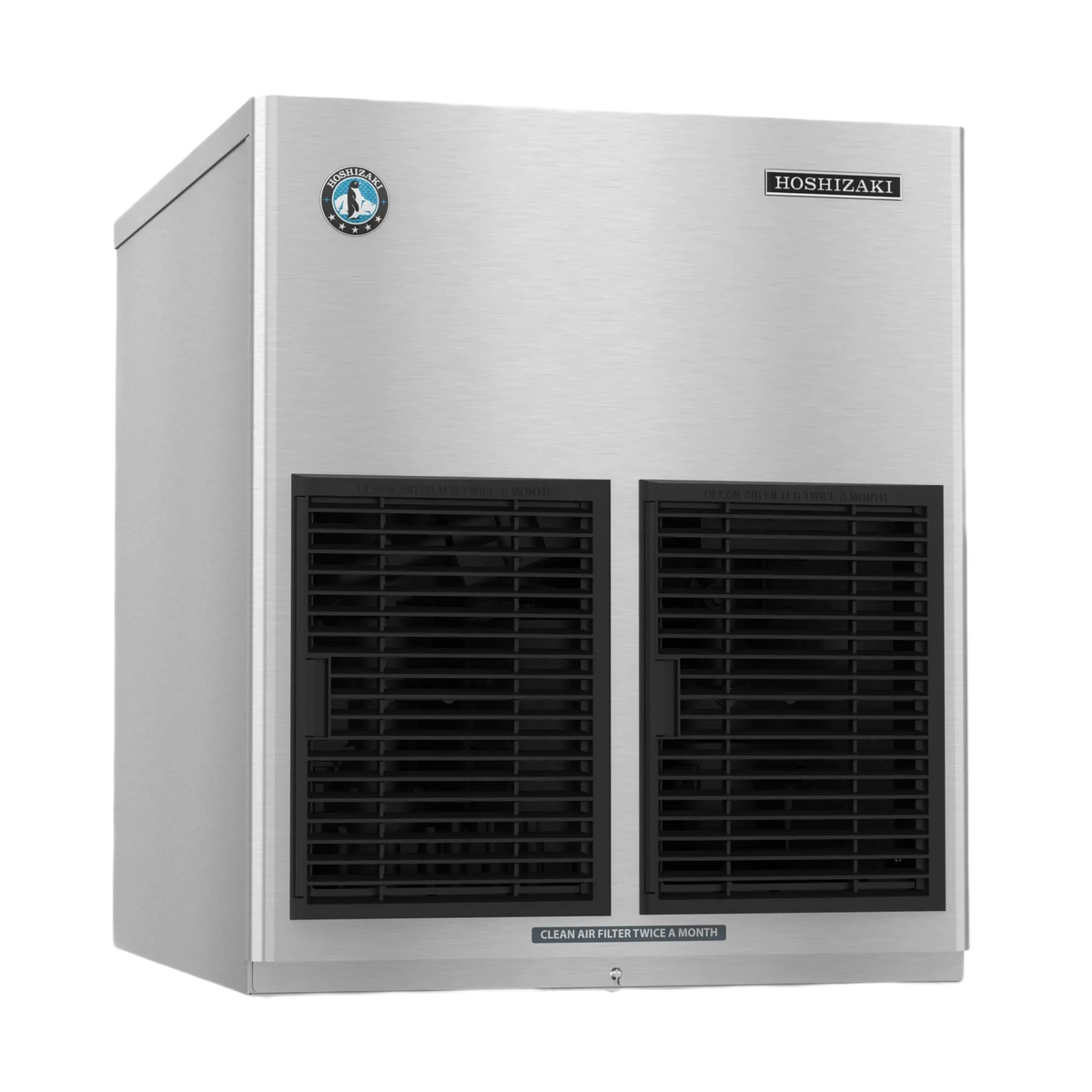 A Hoshizaki commercial ice machine with a brushed stainless steel exterior, two large black front ventilation grilles, and a small circular logo badge on the upper left side.