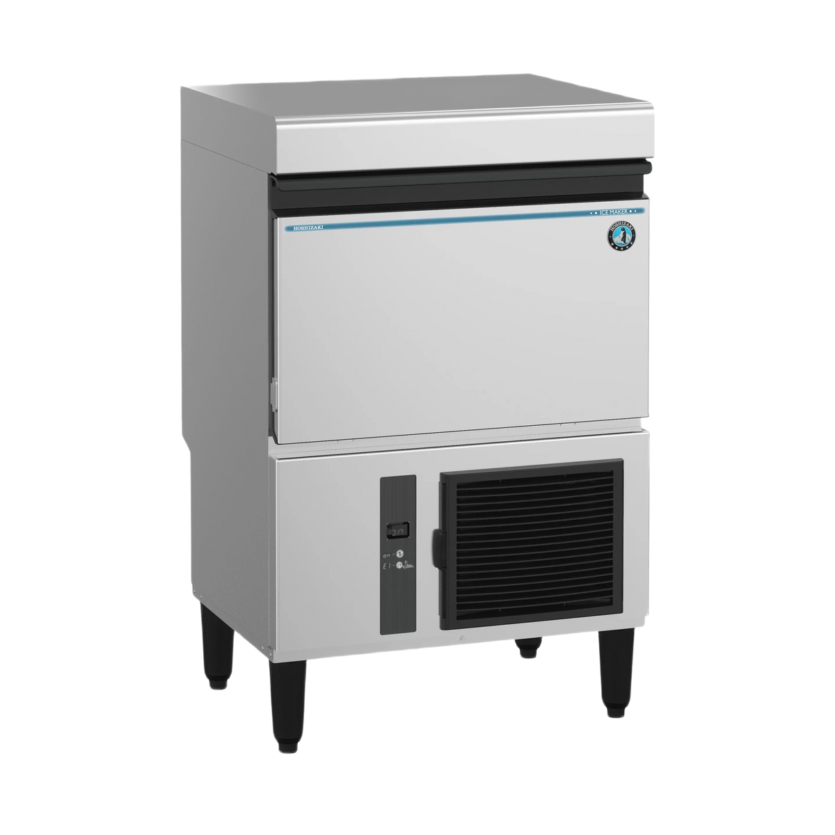 A commercial countertop ice machine with a stainless steel body, black legs, a black front grille, and a small blue brand label on the upper right front panel, shown on a plain white background.