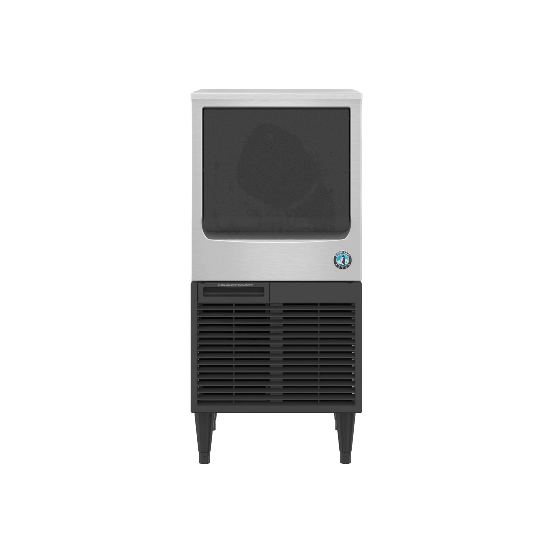 A commercial ice machine with a brushed silver metal body, black front display window, black lower vented section, and black legs, shown on a plain white background.