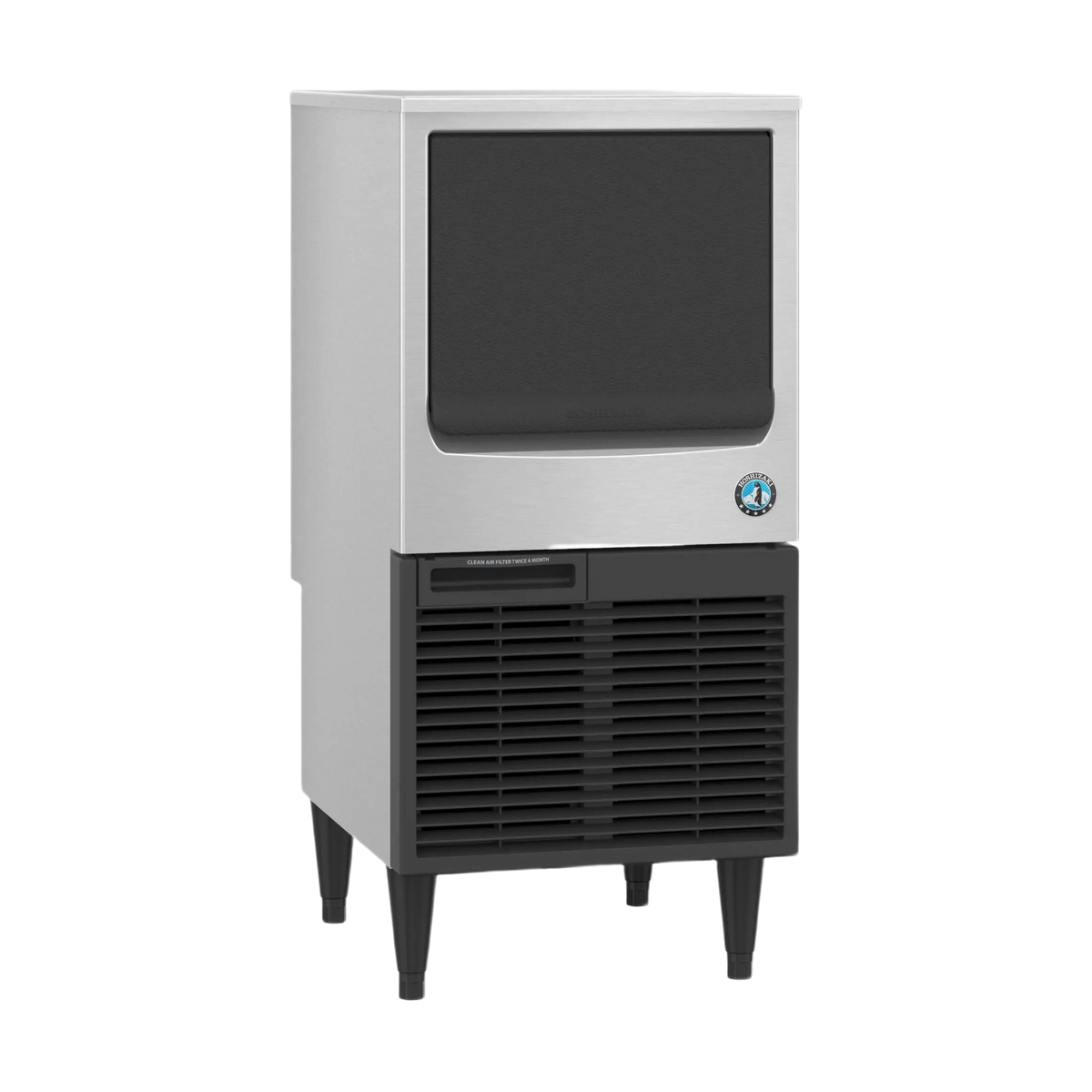 A commercial ice machine with a white upper cabinet, dark gray front window, black lower grille, and black legs, shown on a plain white background.