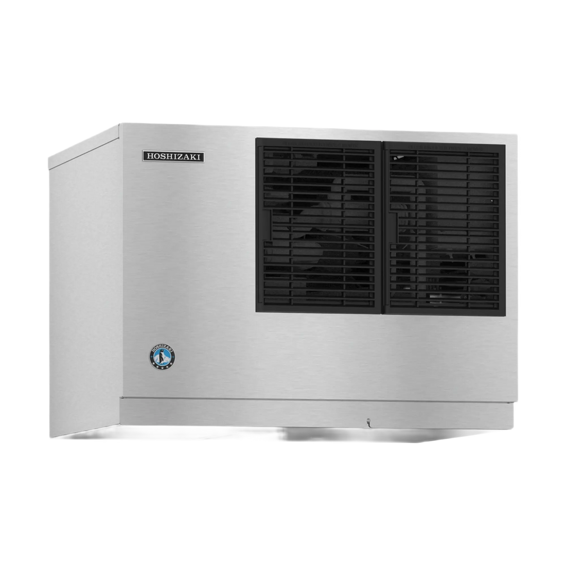 A Hobitzani commercial ice machine with a brushed stainless steel exterior, two black front ventilation grilles, and a small circular blue and white certification badge on the lower left front panel, shown against a plain white background.