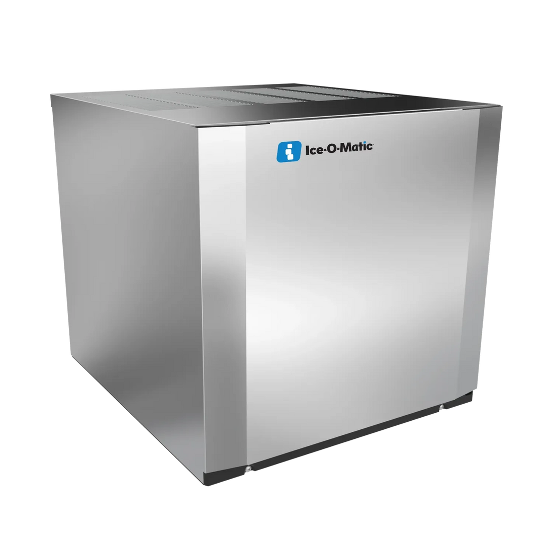 An Ice-O-Matic commercial ice machine with a brushed stainless steel exterior, shown at a three-quarter angle on a solid white background.