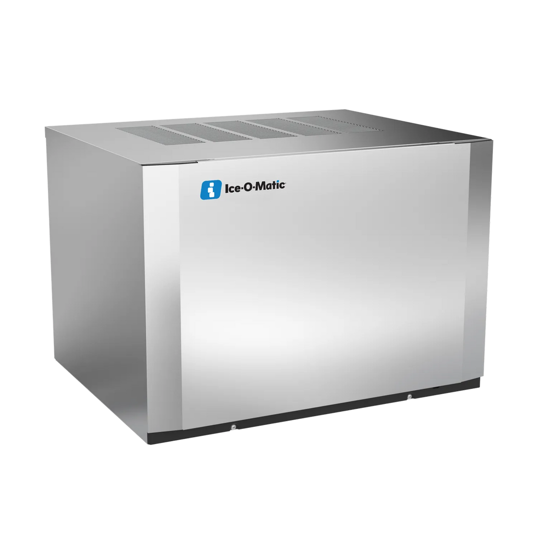 An Ice-O-Matic commercial ice machine with a brushed stainless steel exterior, shown at a three-quarter angle on a solid white background.