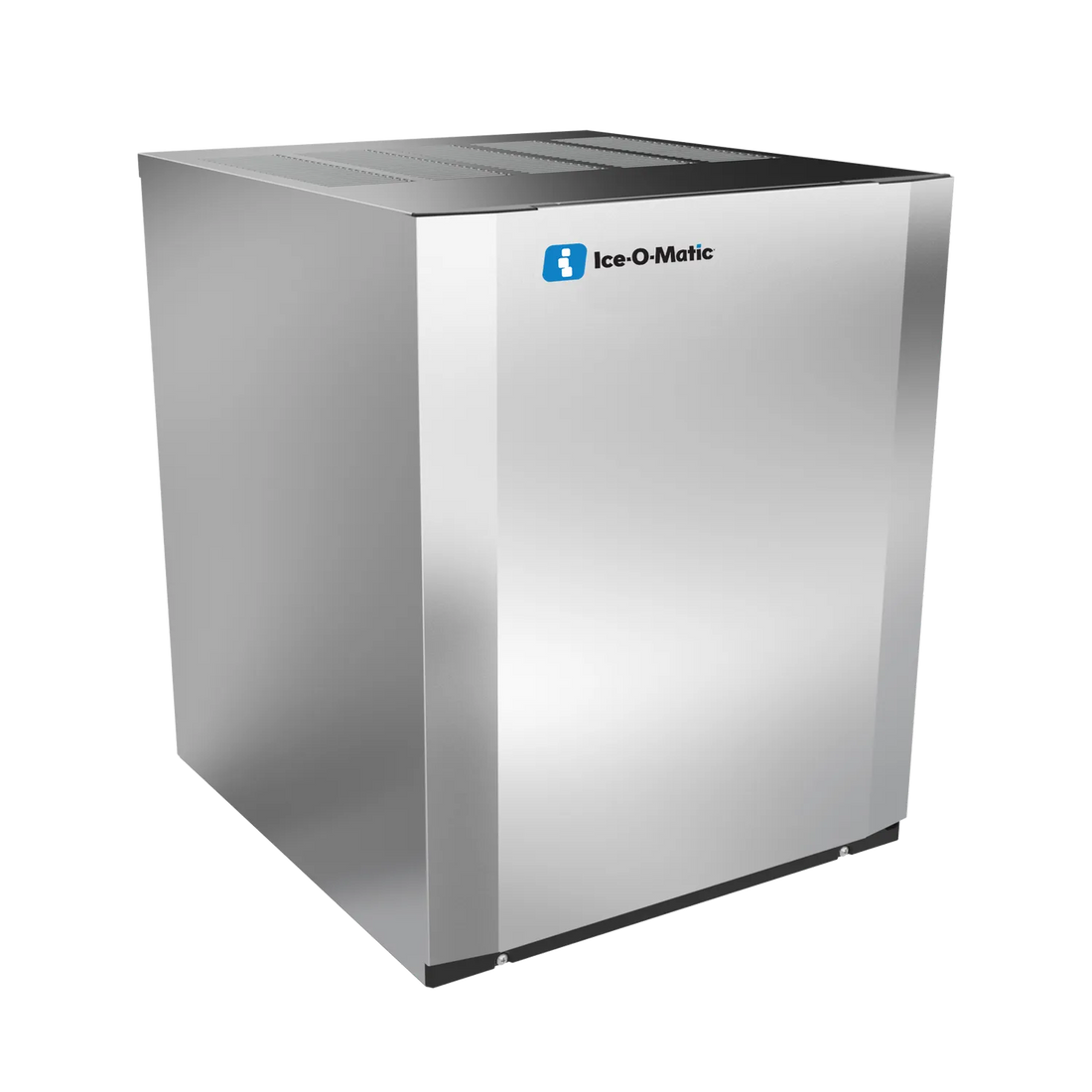 An Ice-O-Matic commercial ice machine with a brushed stainless steel finish, shown at a three-quarter angle on a white background.