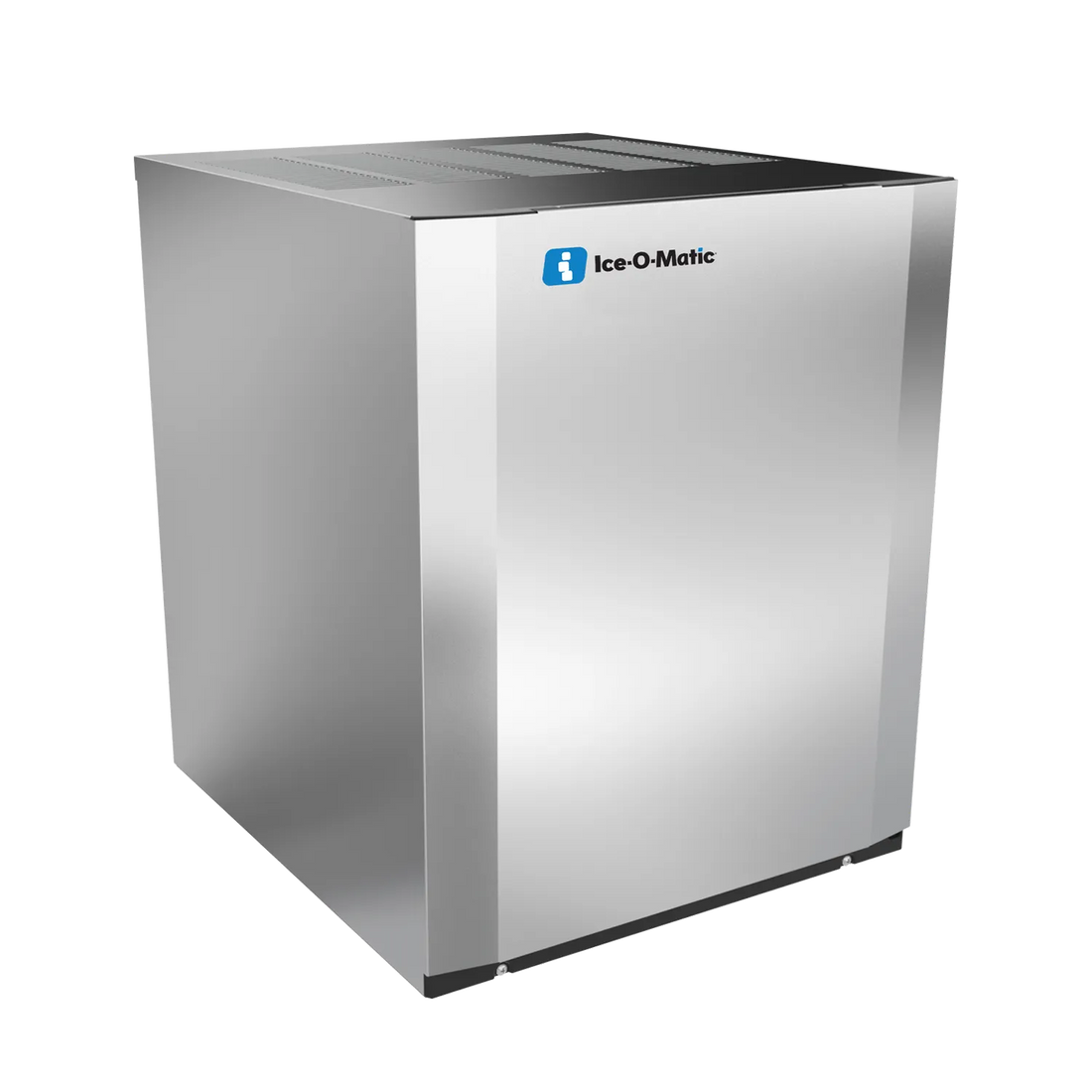 An Ice-O-Matic commercial ice machine with a brushed stainless steel exterior, black top venting grates, and a blue and white logo on the front.