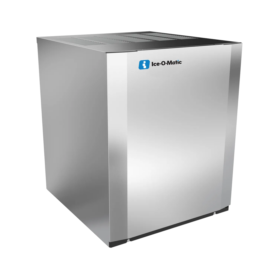 A stainless steel commercial ice machine by Ice-O-Matic, shown at a three-quarter angle on a solid white background.