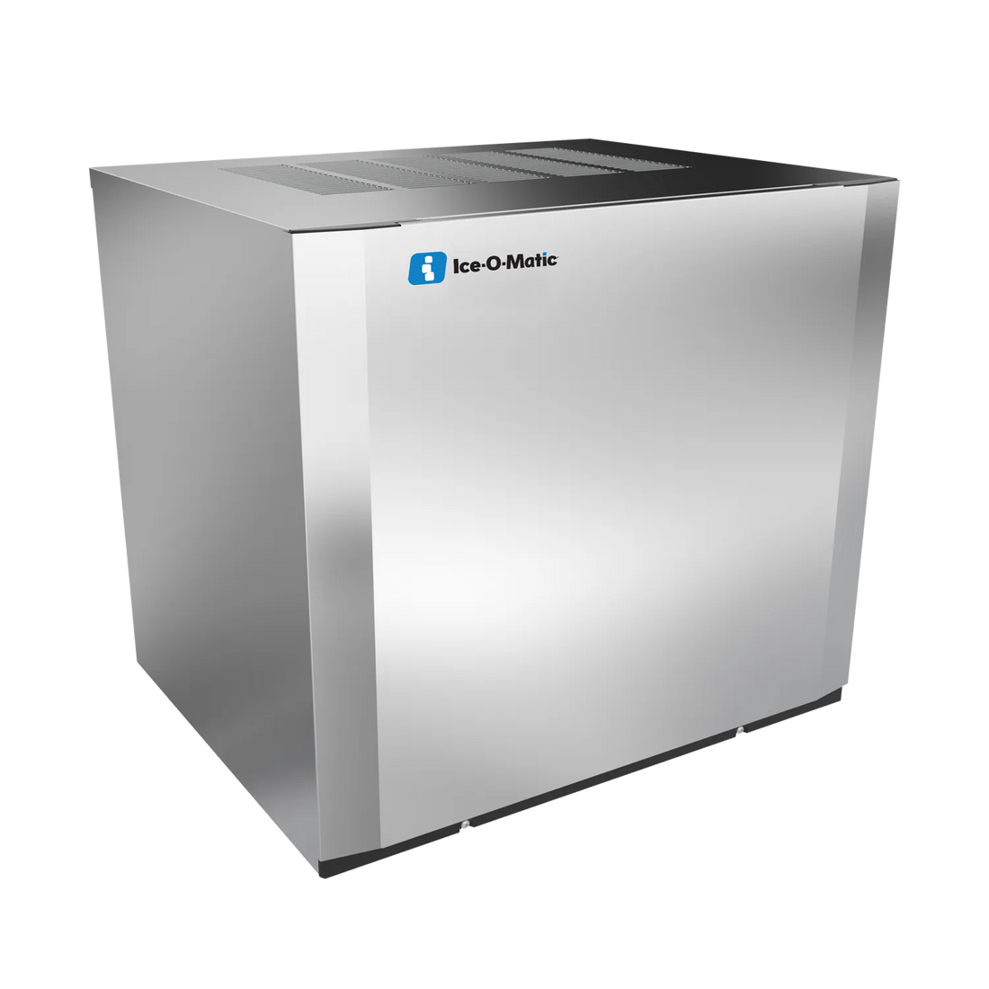 An Ice-O-Matic commercial ice machine with a brushed stainless steel exterior and a black vented top lid, shown at a three-quarter angle on a white background.