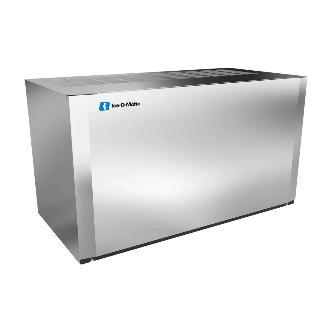 A stainless steel commercial ice machine with a brushed metal finish, featuring a black top vented plate and the Ice-O-Matic logo on the front left side, shown on a solid white background.