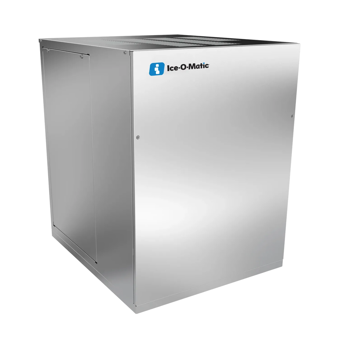 An Ice-O-Matic stainless steel commercial refrigerator or freezer unit, shown at a three-quarter angle on a solid white background.