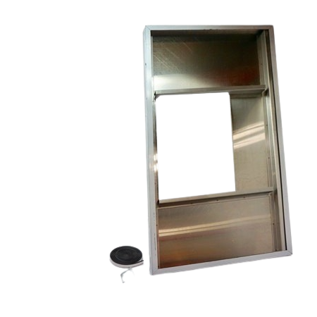 A stainless steel ventilation or exhaust grille with a rectangular cutout, shown on a white background with mounting hardware and a black rubber seal.