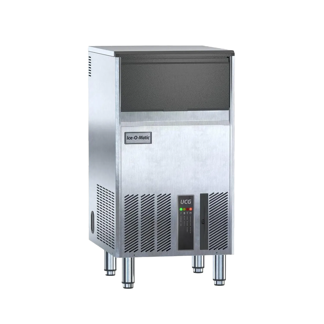 A UCC Ice-O-Matic commercial ice machine in stainless steel, featuring a dark gray ice tray compartment, vented lower panels, and chrome legs, shown on a plain white background.