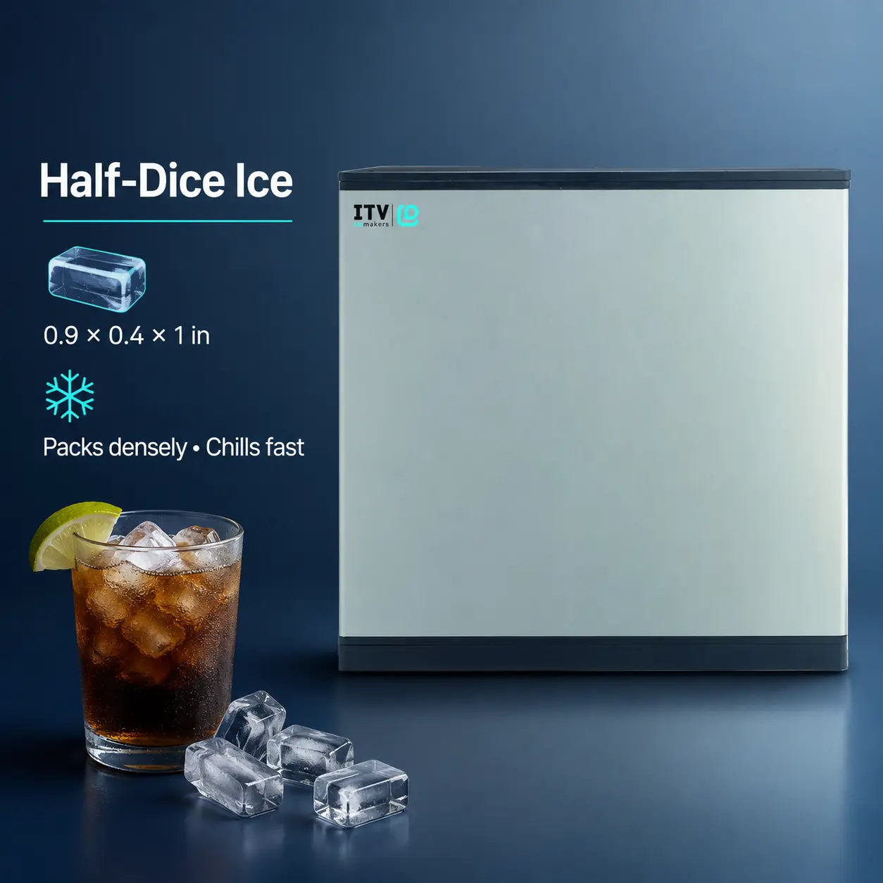 A countertop mini ice maker shown on a dark blue background, with a glass of iced cola and loose ice cubes in the foreground. Text on the left reads 'Half-Dice Ice' with dimensions and benefits, and the product has an ITV logo on the top left corner.