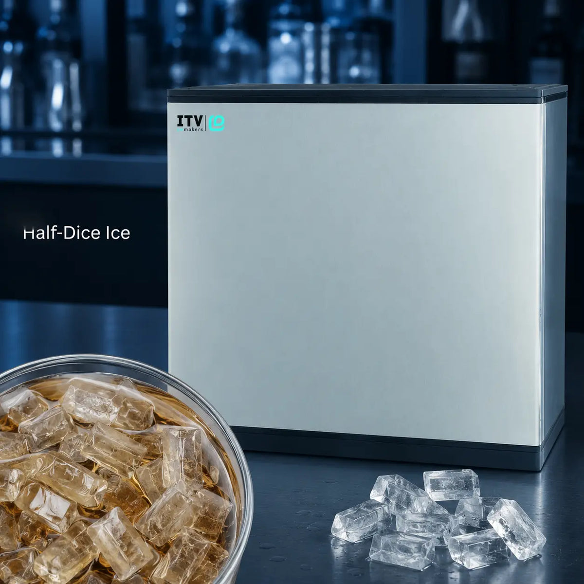 A silver and black countertop ice machine labeled ITV Ice, shown on a dark bar counter with a bowl of clear half-dice ice in the foreground and loose ice cubes beside it.