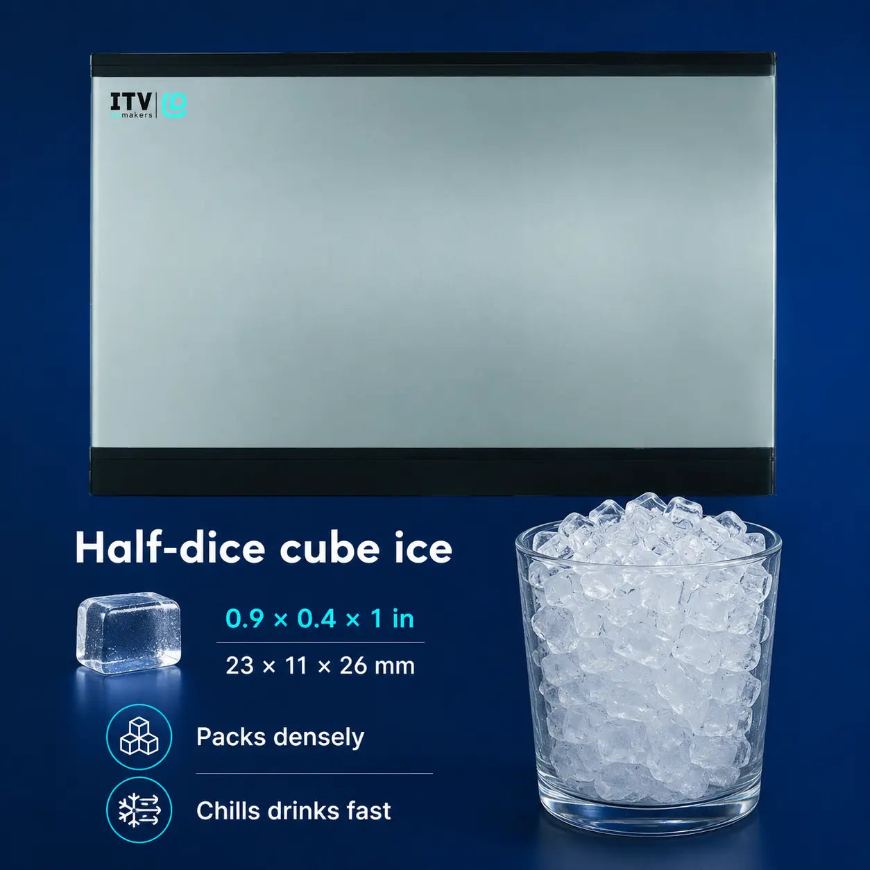 A rectangular ice maker or ice cube tray panel shown on a dark blue background, with text reading 'Half-dice cube ice' and a glass of clear ice cubes beside it. The panel has a small 'ITV' logo in the upper left.