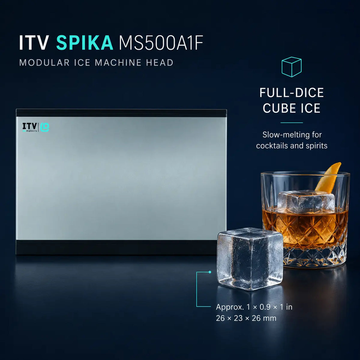 ITV Spika MS500A1F modular ice machine head in brushed silver metal, shown alongside a glass of amber liquor with an ice cube and a clear ice cube on a dark navy background with product text callouts.