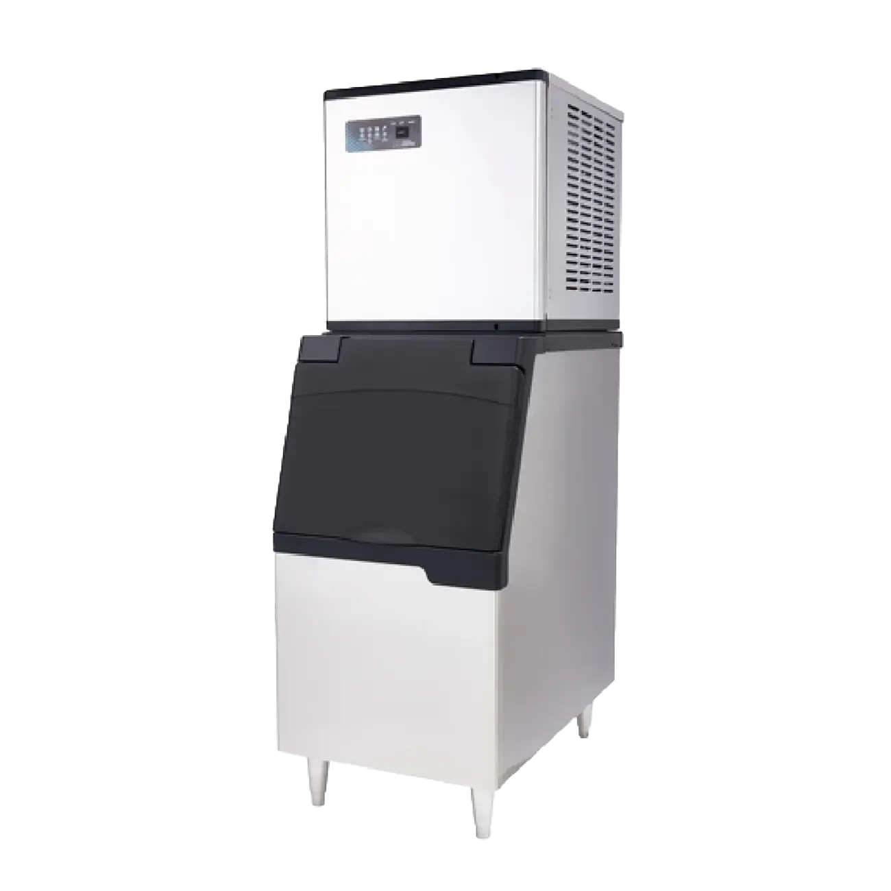 Ice machine with black top and white base on a white background