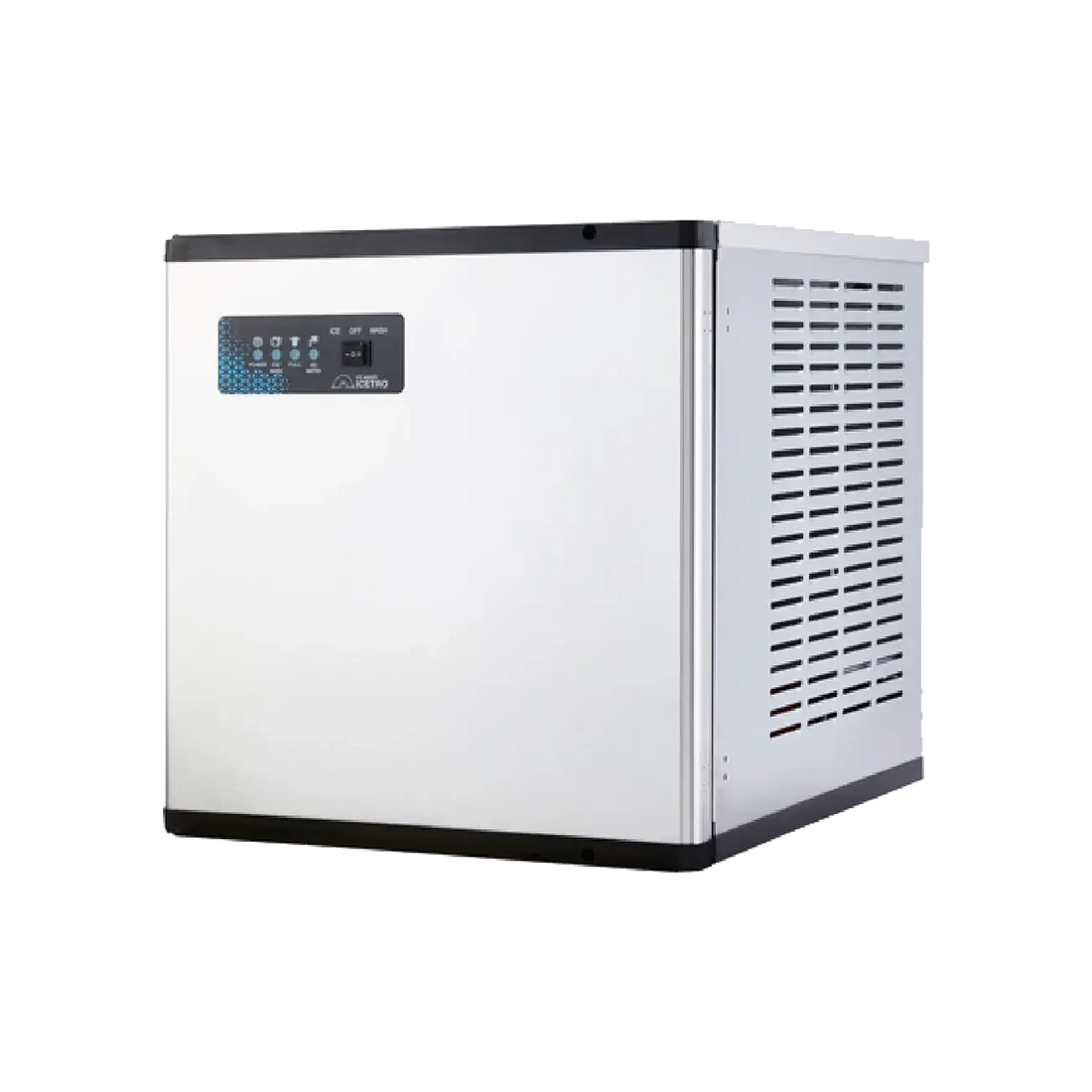 White ice machine with black accents on a white background